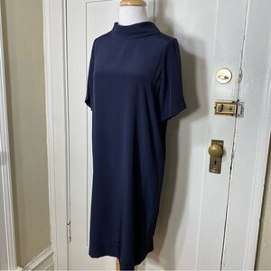 Pure Collection 100% Silk Navy Blue Mock Neck Short Sleeve Dress 4